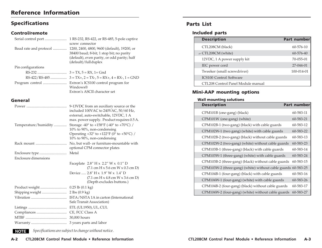 Reference information, Reference information, cont’d, Parts list | Specifications | Extron Electronics CTL208CM User Manual | Page 24 / 25