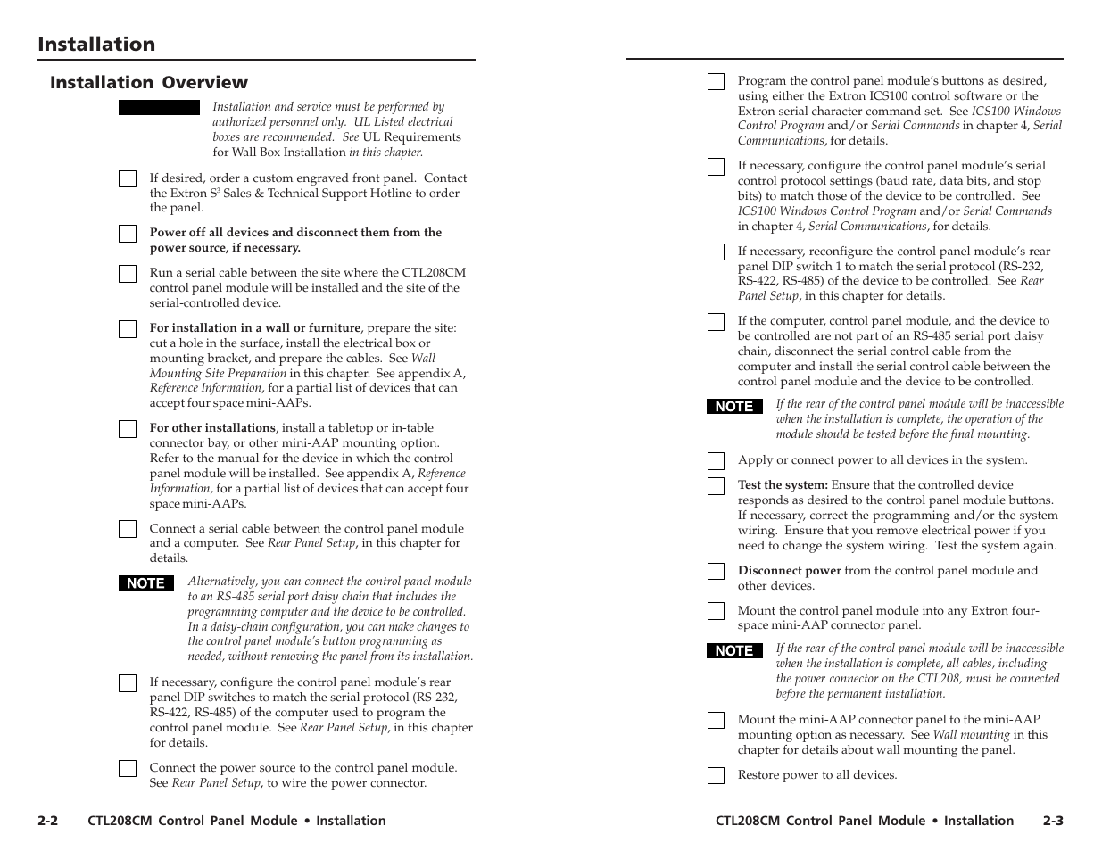 Installation, Installation, cont’d, Installation overview | Extron Electronics CTL208CM User Manual | Page 8 / 25