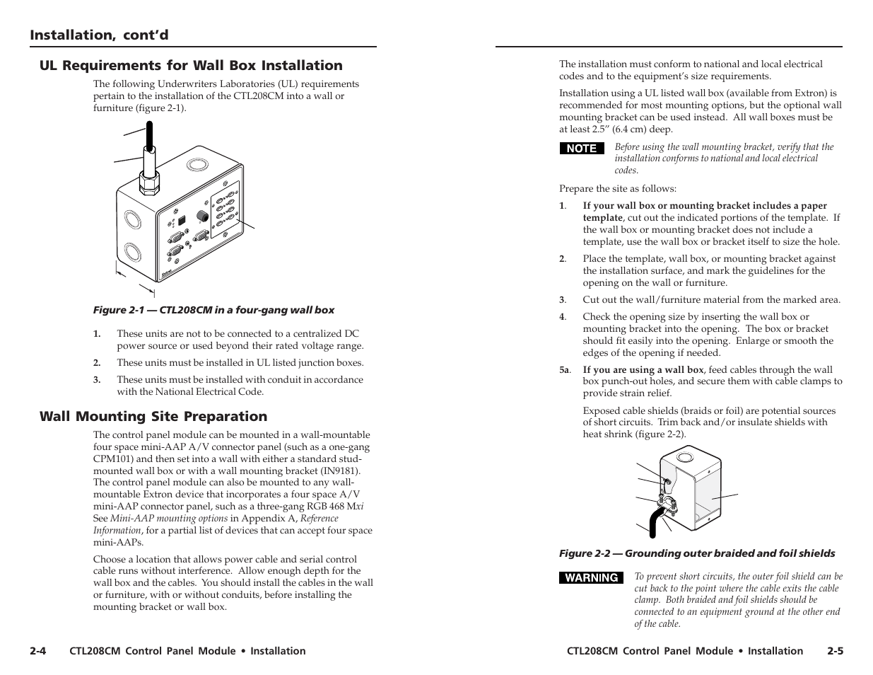 Installation, cont’d, Ul requirements for wall box installation, Wall mounting site preparation | Extron Electronics CTL208CM User Manual | Page 9 / 25