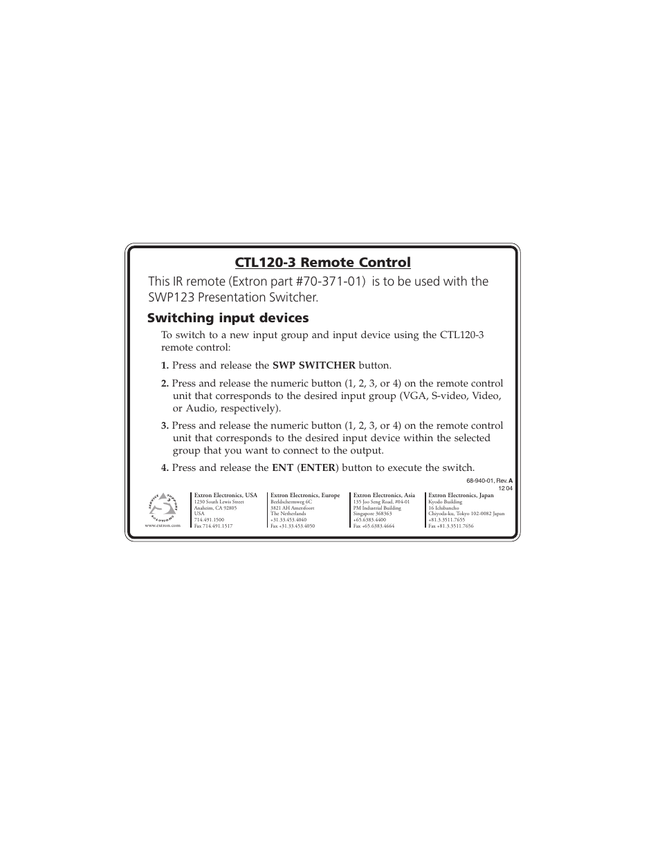 Extron Electronics CTL120-3 User Manual | 2 pages