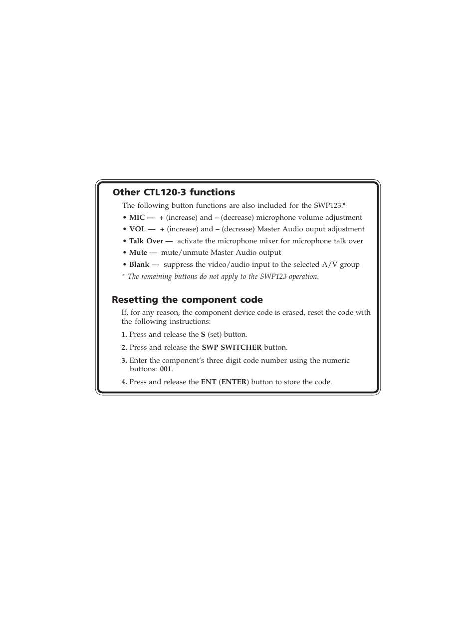 Resetting the component code, Other ctl120-3 functions | Extron Electronics CTL120-3 User Manual | Page 2 / 2
