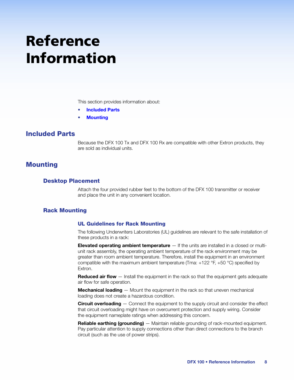 Reference information, Included parts, Mounting | Desktop placement, Rack mounting, Included parts mounting, Desktop placement rack mounting | Extron Electronics DFX 100 Series User Guide User Manual | Page 14 / 16