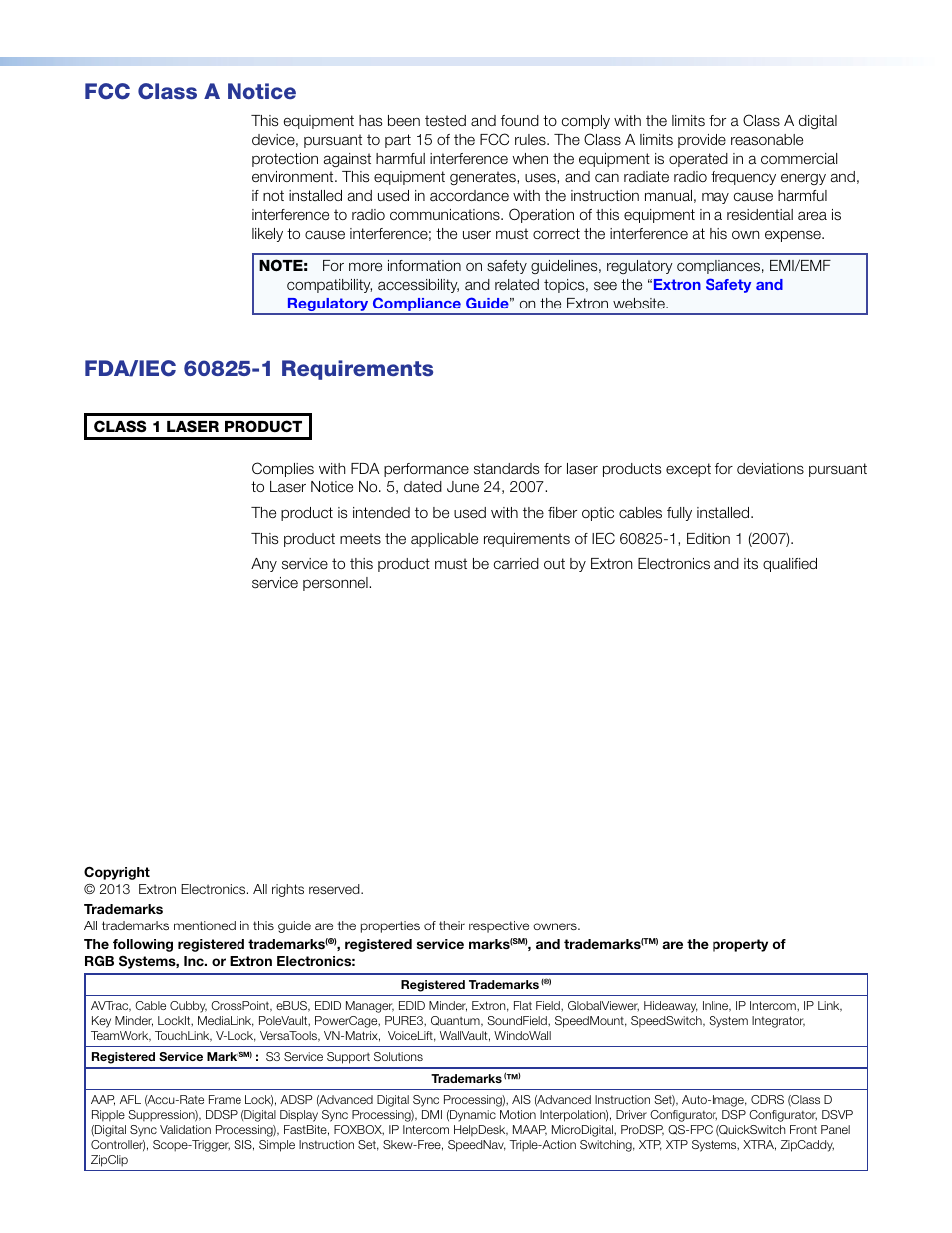 Fcc class, Fda/iec 60825-1 requirements, Fcc class a notice | Extron Electronics DFX 100 Series User Guide User Manual | Page 3 / 16