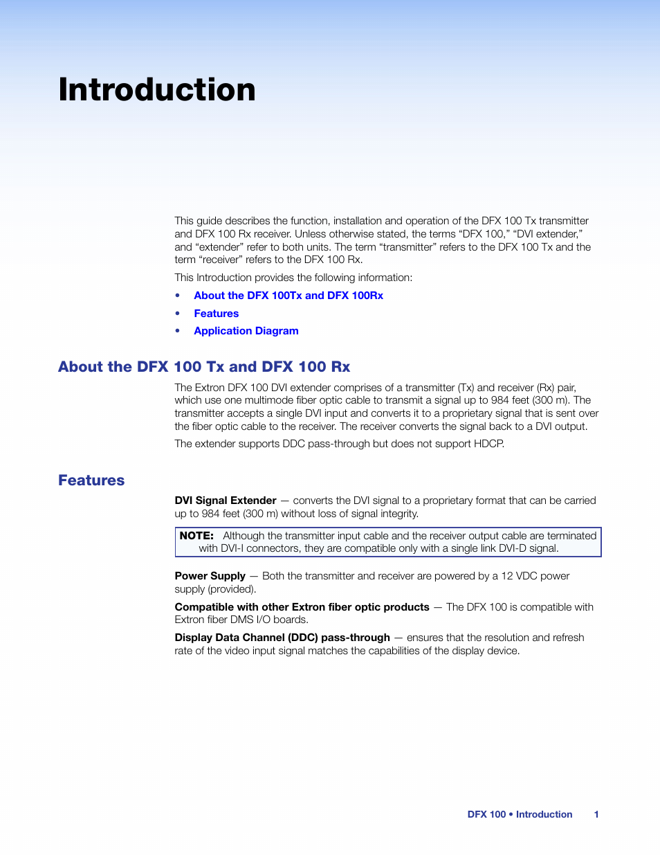 Introduction, About the dfx 100 tx and dfx 100 rx, Features | About the dfx 100 tx and dfx 100 rx features | Extron Electronics DFX 100 Series User Guide User Manual | Page 7 / 16