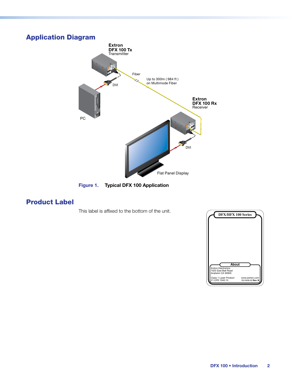 Application diagram, Product label, Application diagram product label | Figure 1. typical dfx 100 application, This label is affixed to the bottom of the unit | Extron Electronics DFX 100 Series User Guide User Manual | Page 8 / 16