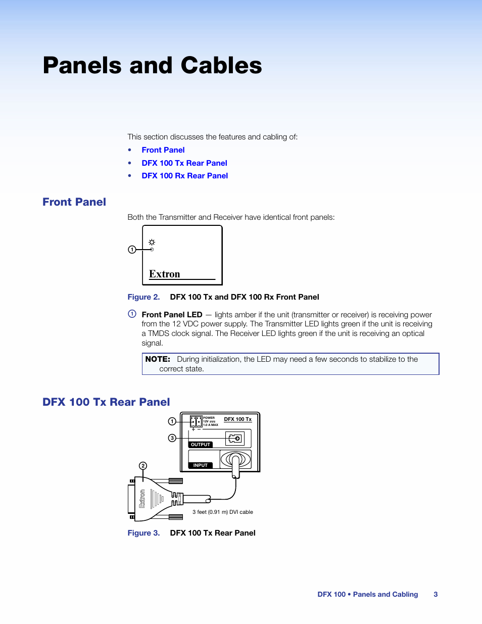 Panels and cables, Front panel, Dfx 100 tx rear panel | Front panel dfx 100 tx rear panel, Extron, Extron a, A c b | Extron Electronics DFX 100 Series User Guide User Manual | Page 9 / 16