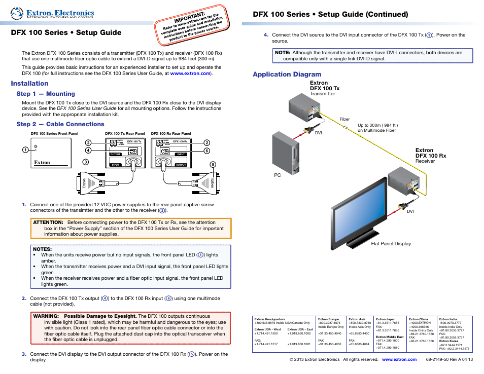 Dfx 100 series • setup guide, Dfx 100 series • setup guide (continued), Installation | Application diagram | Extron Electronics DFX 100 Series Setup Guide User Manual | Page 2 / 2