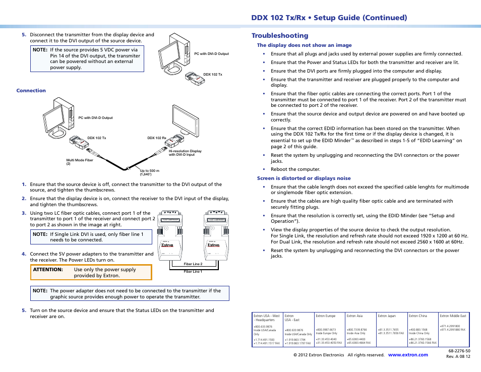 Ddx 102 tx/rx • setup guide (continued), Cl as s 1 la se r p ro du ct 5vd c 1 2 sta tus, Troubleshooting | Extron Electronics DDX 102 Tx_Rx User Manual | Page 2 / 2