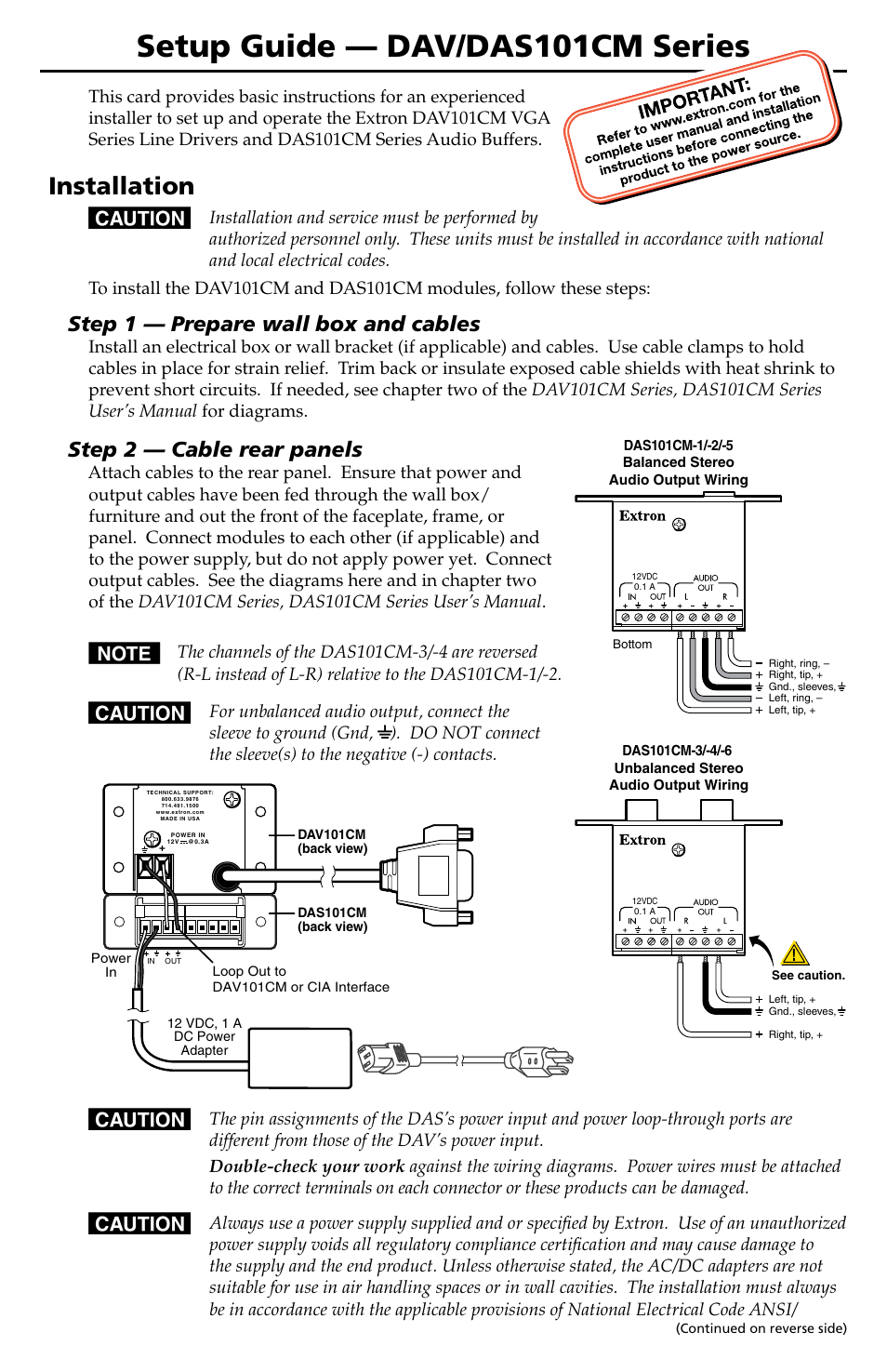 Extron Electronics DAV_DAS101CM Series Setup Guide User Manual | 2 pages