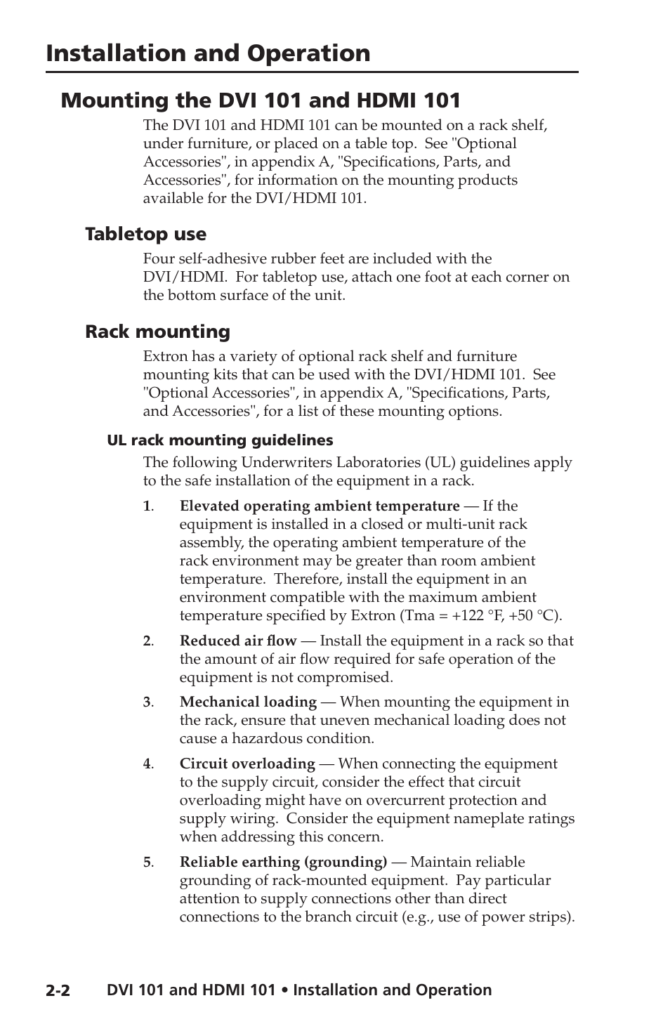 Mounting the dvi 101 and hdmi 101, Tabletop use, Rack mounting | Ul rack mounting guidelines, Tabletop use -2 rack mounting -2, Ul rack mounting guidelines -2, Installation and operation | Extron Electronics HDMI 101 User Manual | Page 12 / 30