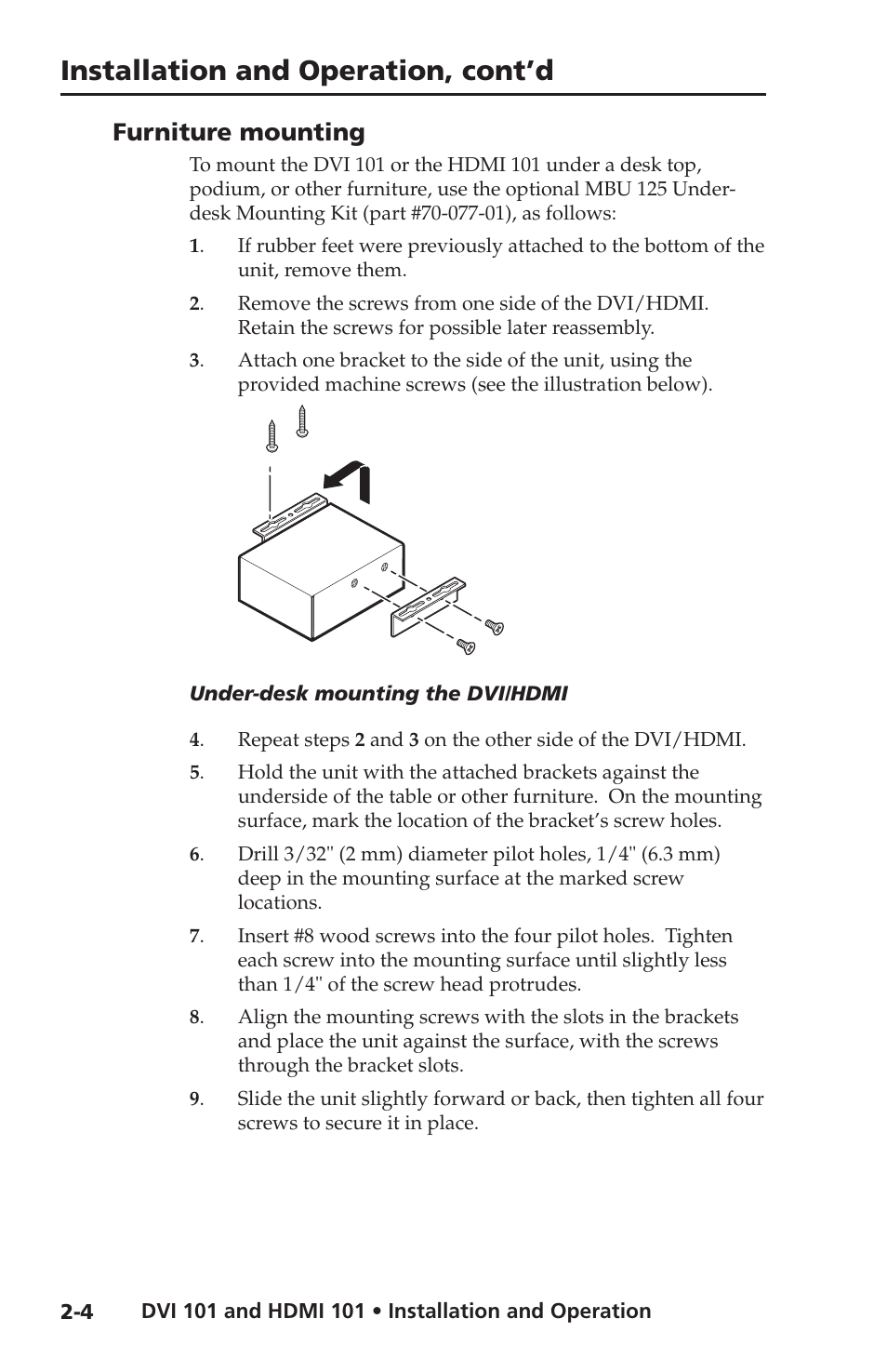 Furniture mounting, Furniture mounting -4, Installation and operation, cont’d | Extron Electronics HDMI 101 User Manual | Page 14 / 30