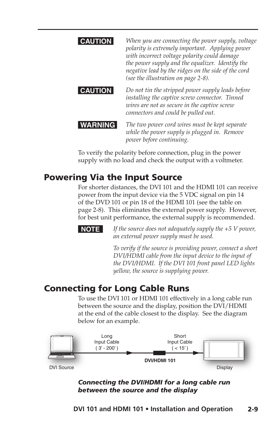 Powering via the input source, Connecting for long cable runs | Extron Electronics HDMI 101 User Manual | Page 19 / 30