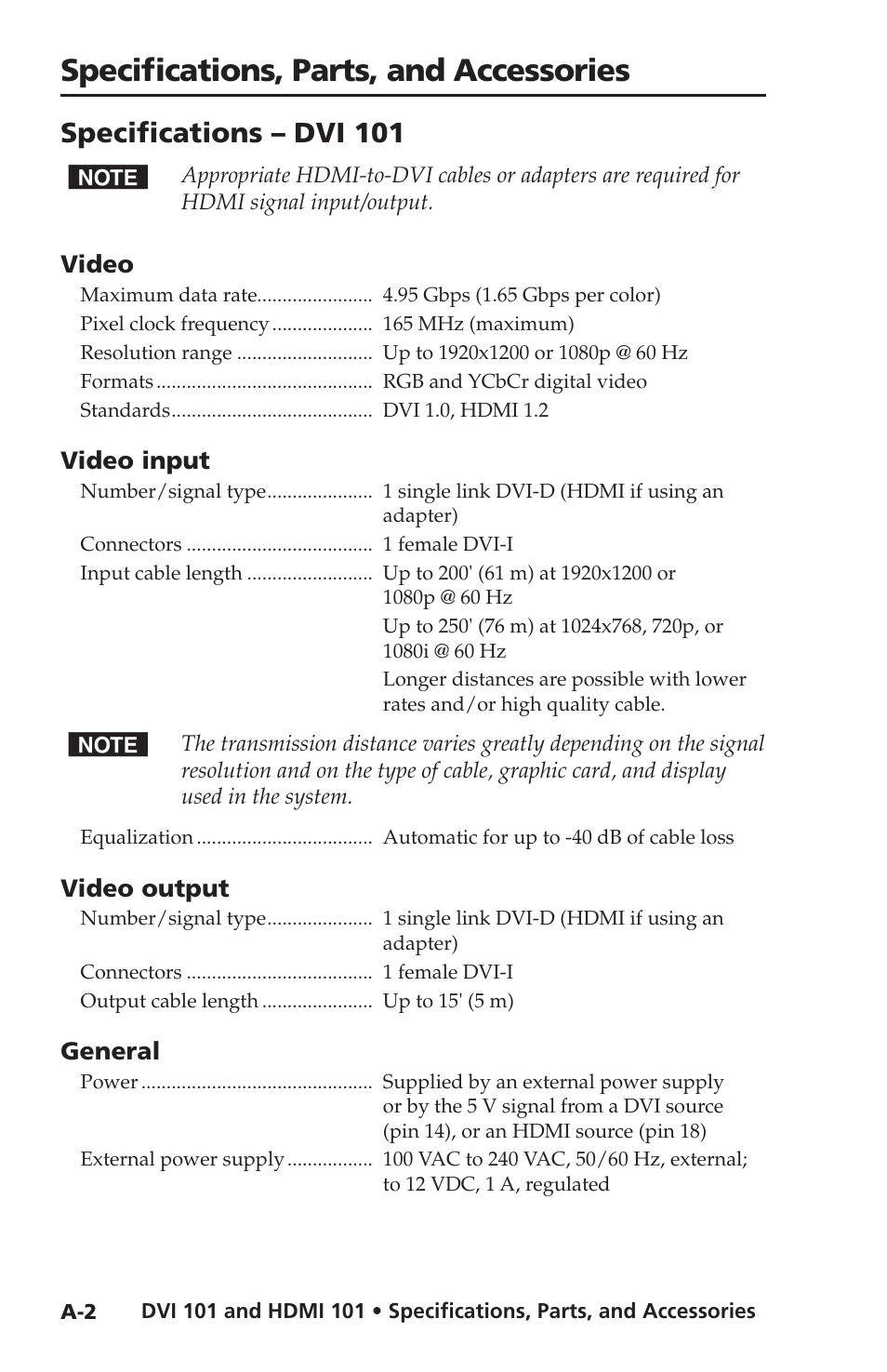 Specifications – dvi 101, Specifications, parts, and accessories | Extron Electronics HDMI 101 User Manual | Page 22 / 30