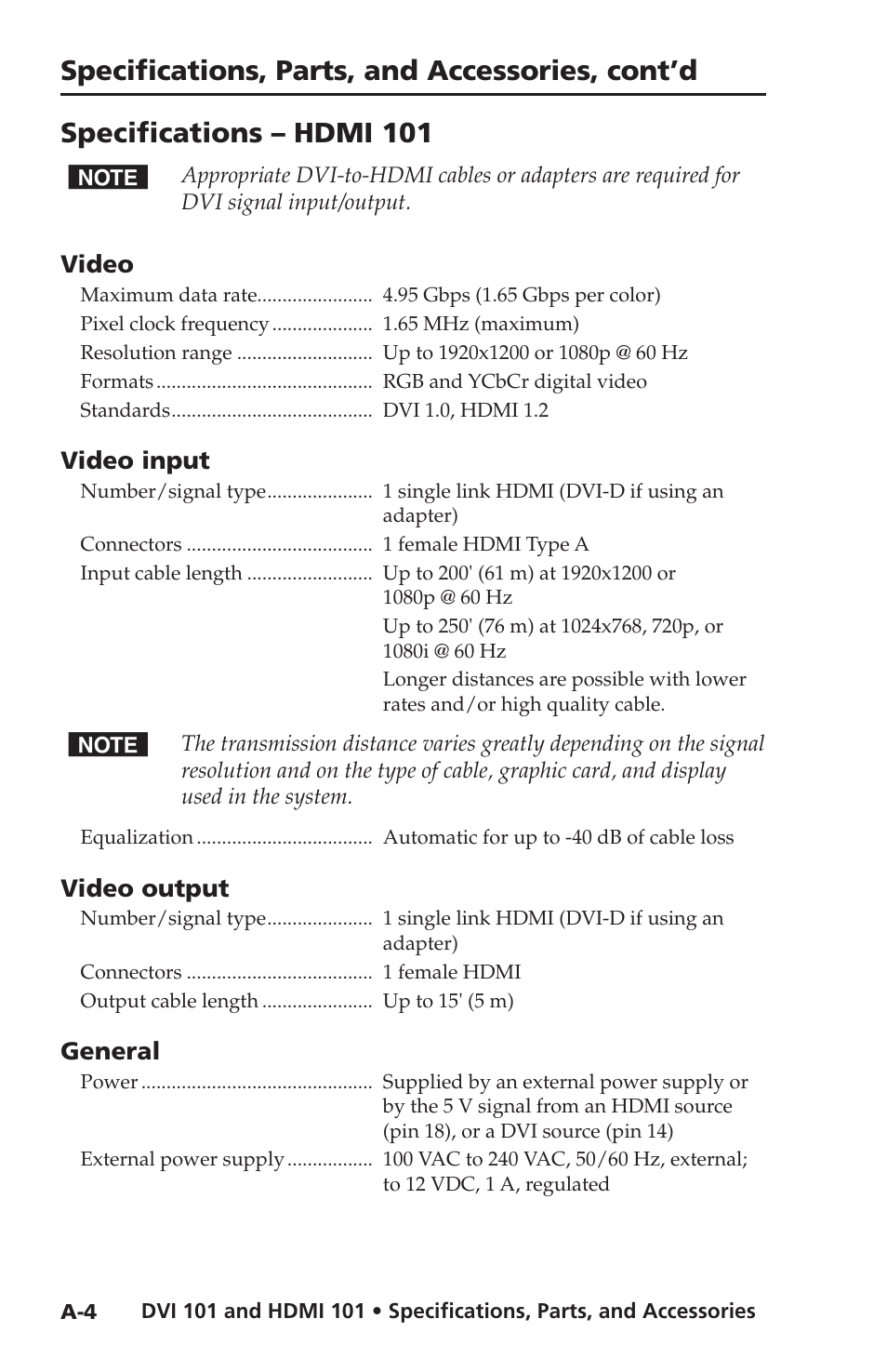 Specifications – hdmi 101, Specifications, parts, and accessories, cont’d | Extron Electronics HDMI 101 User Manual | Page 24 / 30