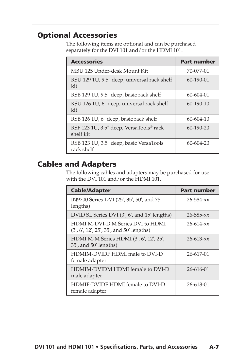 Optional accessories, Cables and adapters | Extron Electronics HDMI 101 User Manual | Page 27 / 30