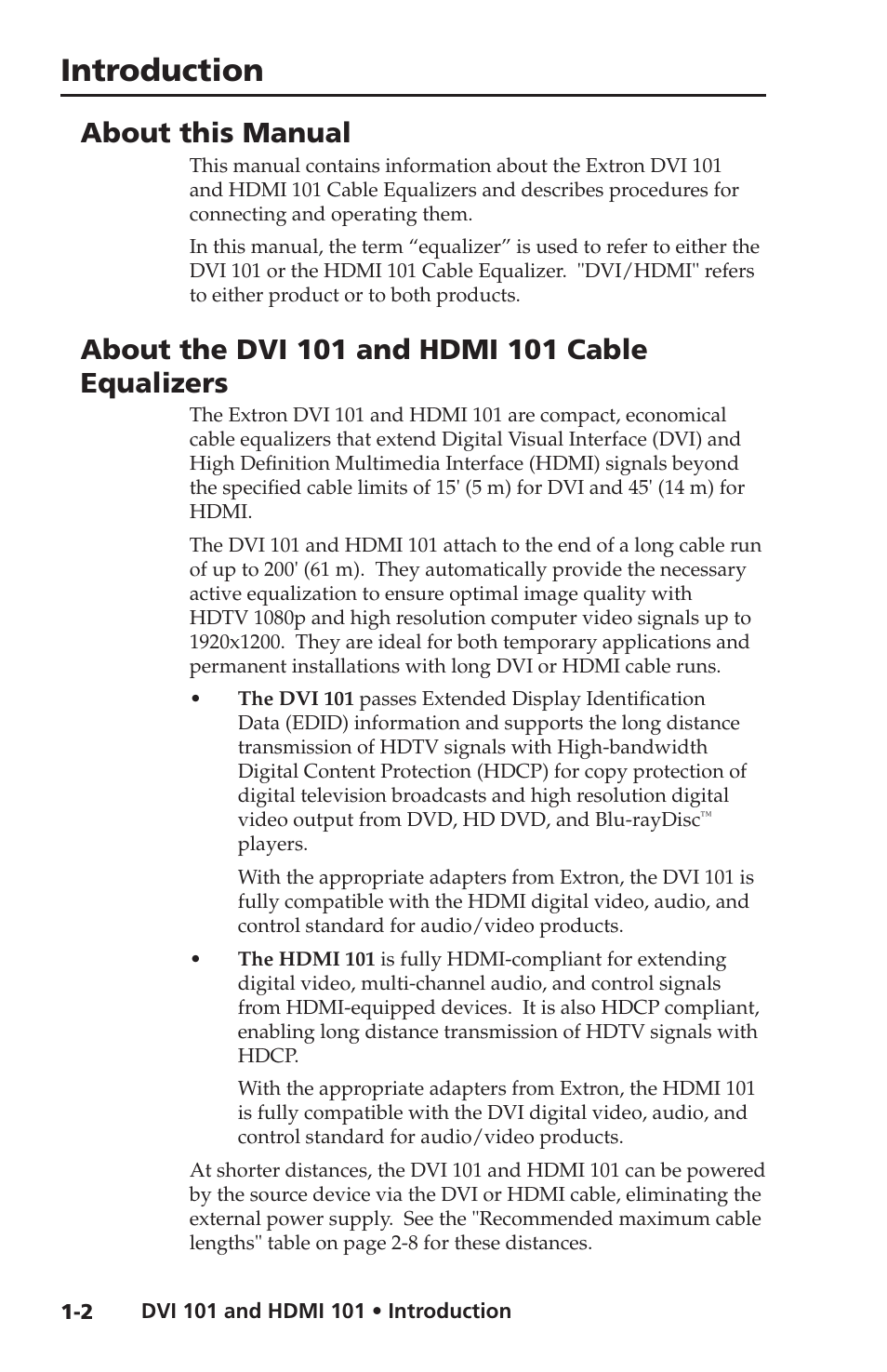 About this manual, About the dvi 101 and hdmi 101 cable equalizers, Introduction | Extron Electronics HDMI 101 User Manual | Page 8 / 30