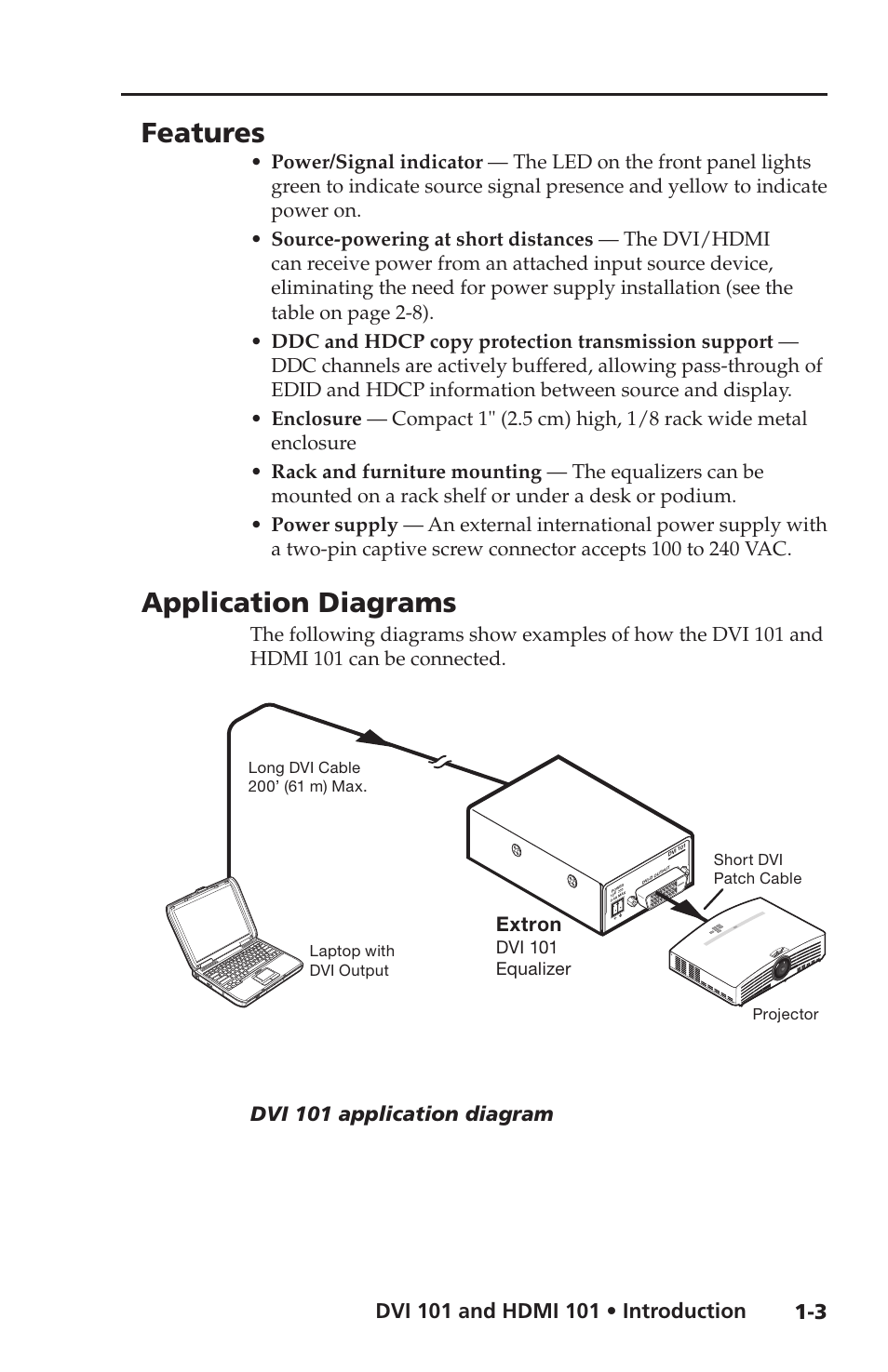 Features, Application diagrams, Dvi 101 application diagram | Extron Electronics HDMI 101 User Manual | Page 9 / 30