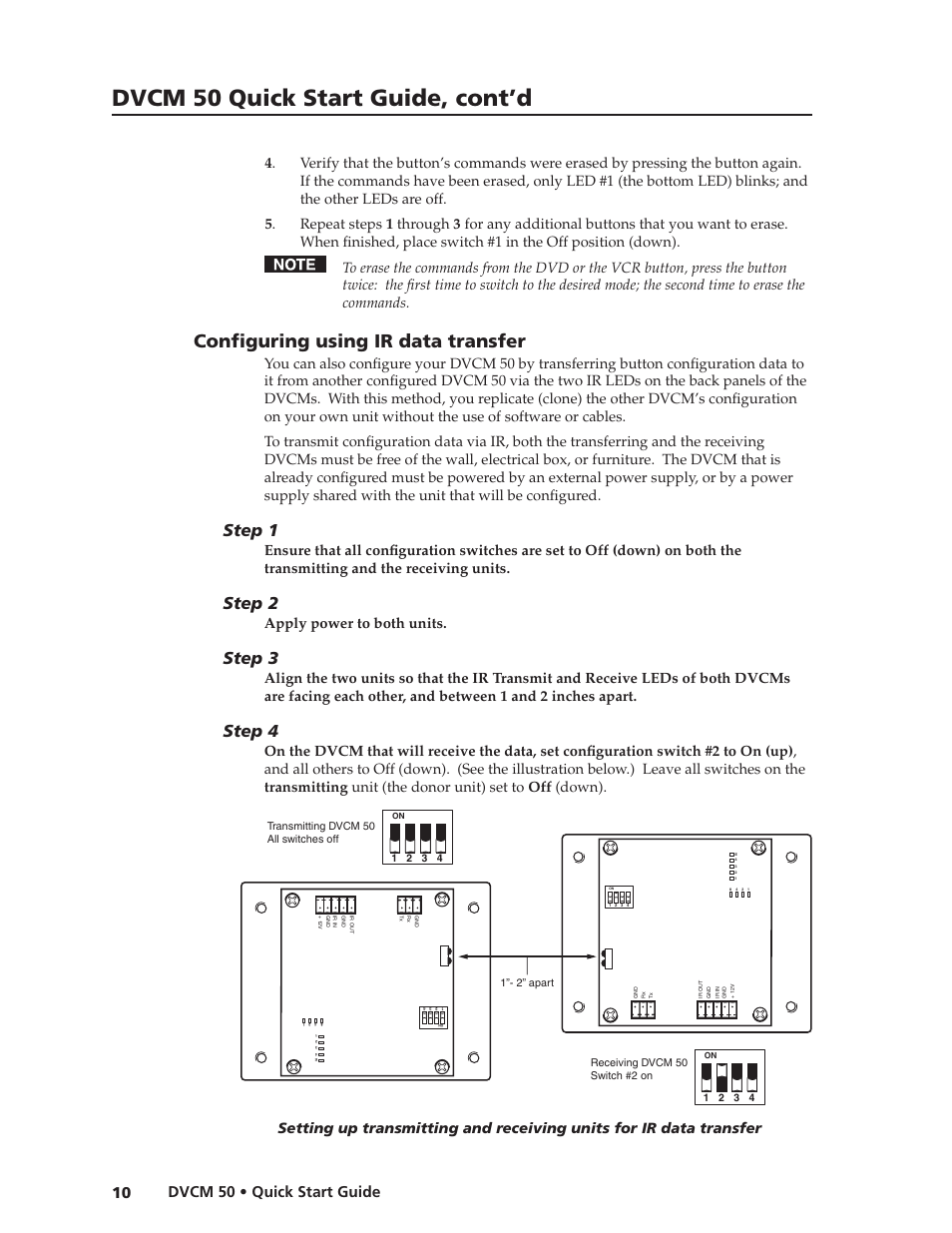Preliminar y preliminar y, Dvcm 50 quick start guide, cont’d, Confi guring using ir data transfer | Step 1, Step 2, Step 3, Step 4, Dvcm 50 • quick start guide 10, Apply power to both units | Extron Electronics DVCM 50 Quick Start Guide User Manual | Page 12 / 18