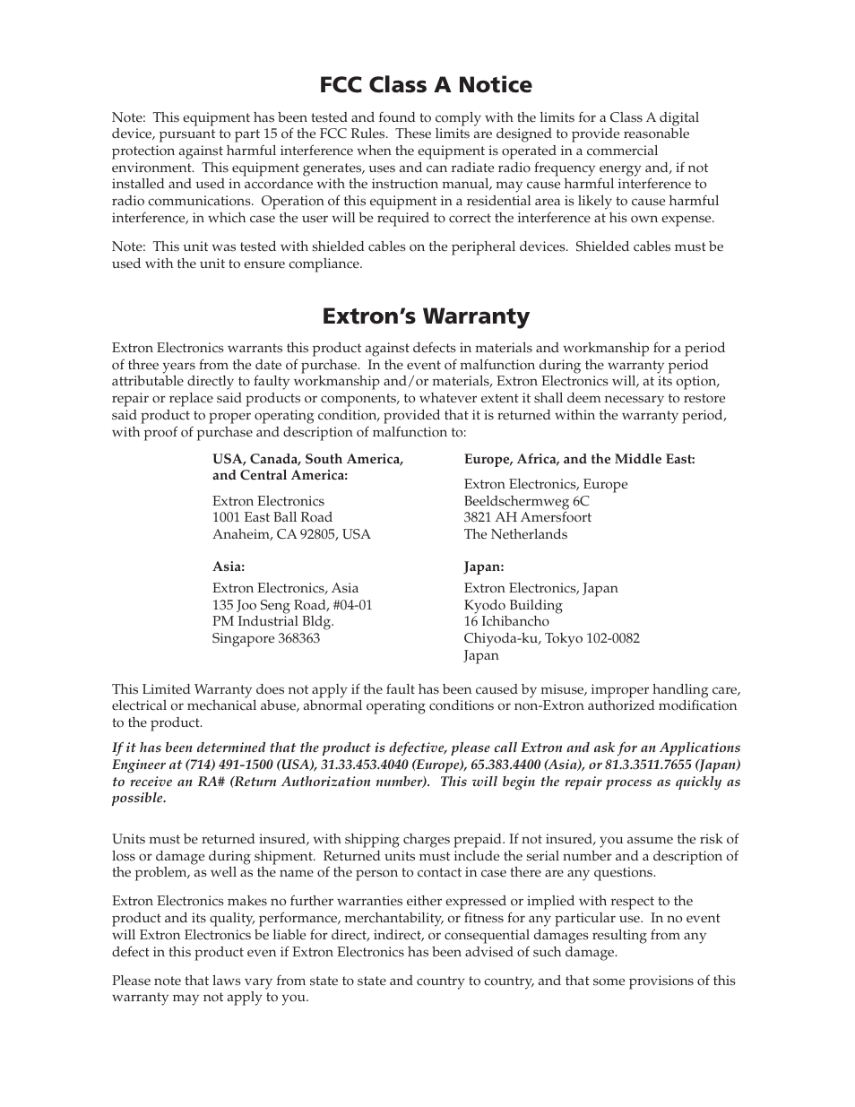 Fcc class a notice, Extron’s warranty | Extron Electronics DVCM 50 Quick Start Guide User Manual | Page 17 / 18