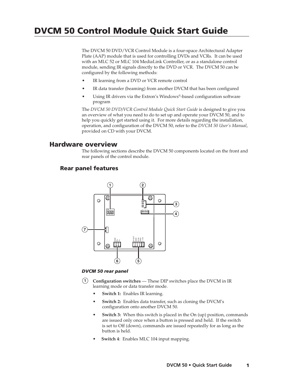 Preliminar y, Dvcm 50 control module quick start guide, Hardware overview | Rear panel features | Extron Electronics DVCM 50 Quick Start Guide User Manual | Page 3 / 18
