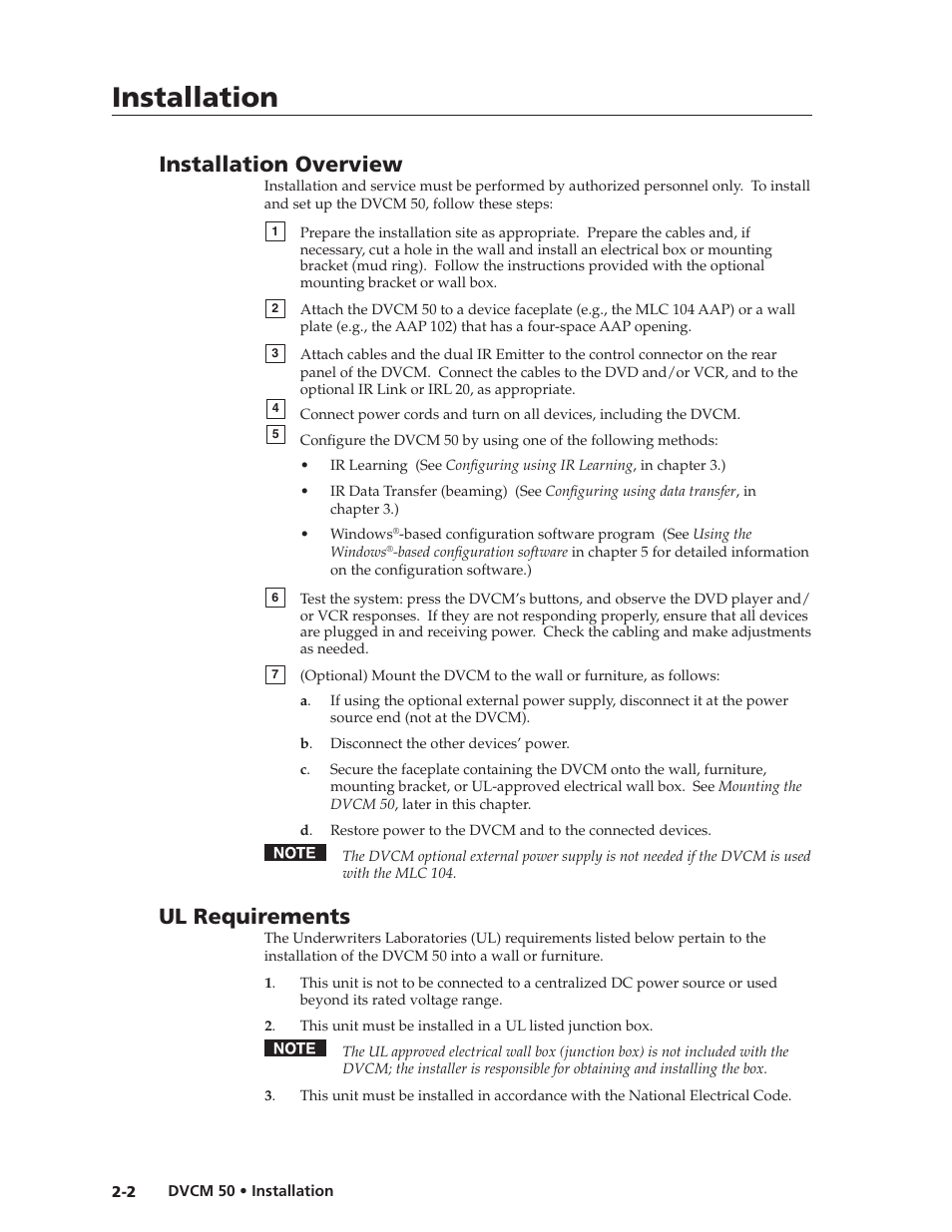 Preliminar y, Installation, Installation overview | Ul requirements | Extron Electronics DVCM 50 User’s Manual User Manual | Page 10 / 70