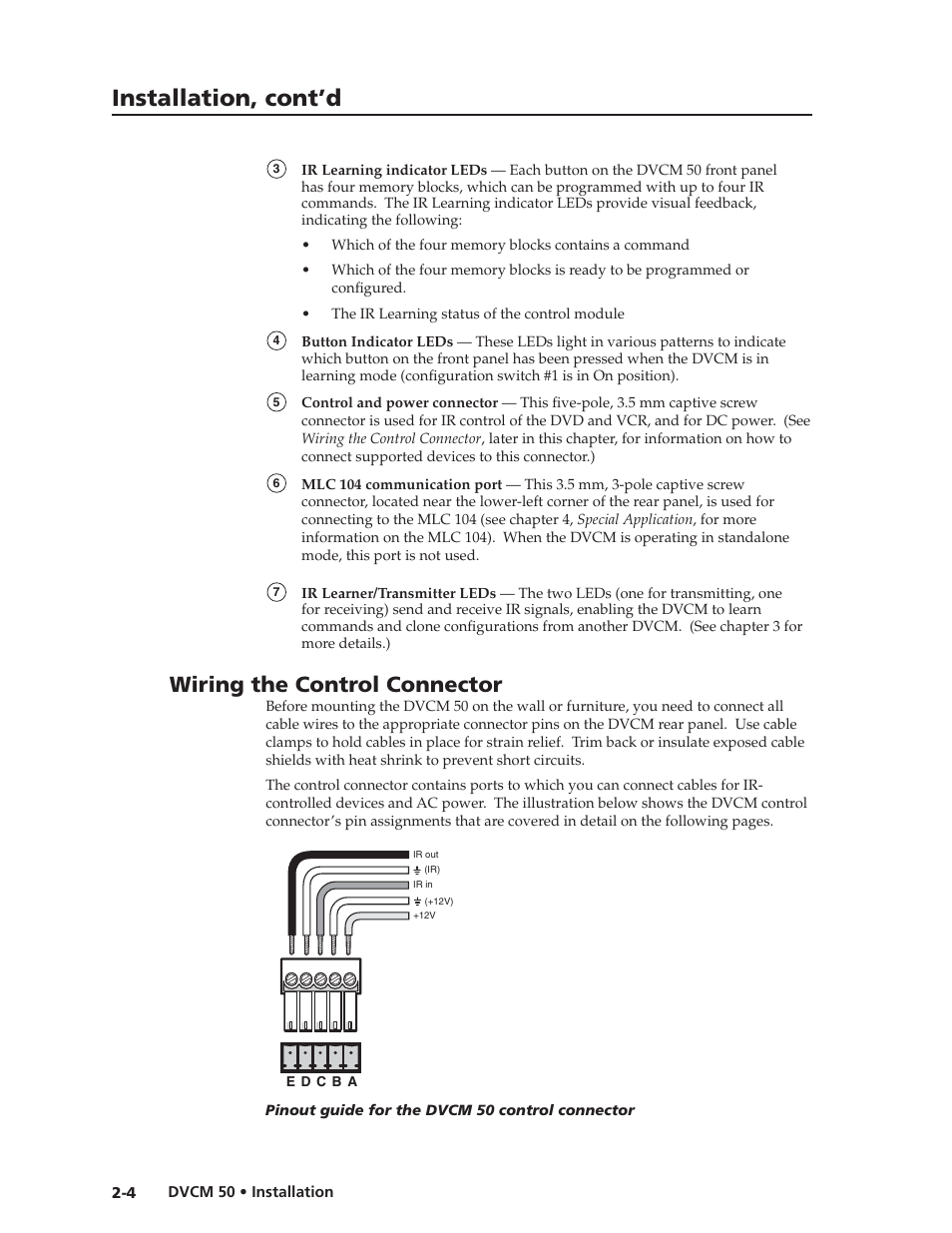 Preliminar y, Installation, cont’d, Wiring the control connector | Extron Electronics DVCM 50 User’s Manual User Manual | Page 12 / 70