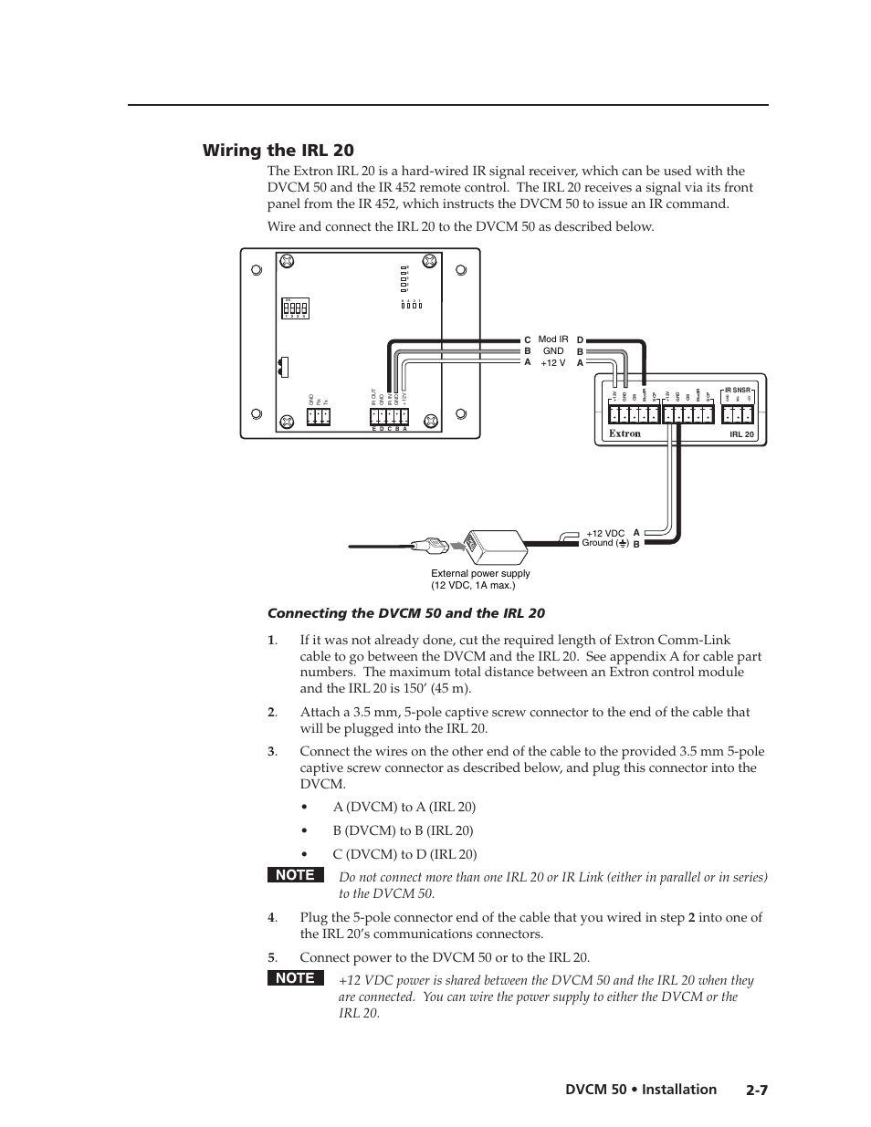 Preliminar y, Wiring the irl 20, 7 dvcm 50 • installation | Extron Electronics DVCM 50 User’s Manual User Manual | Page 15 / 70