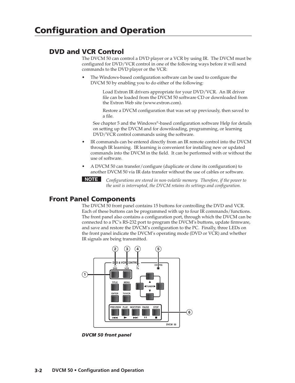 Preliminar y, Confi guration and operation, Dvd and vcr control | Front panel components | Extron Electronics DVCM 50 User’s Manual User Manual | Page 18 / 70