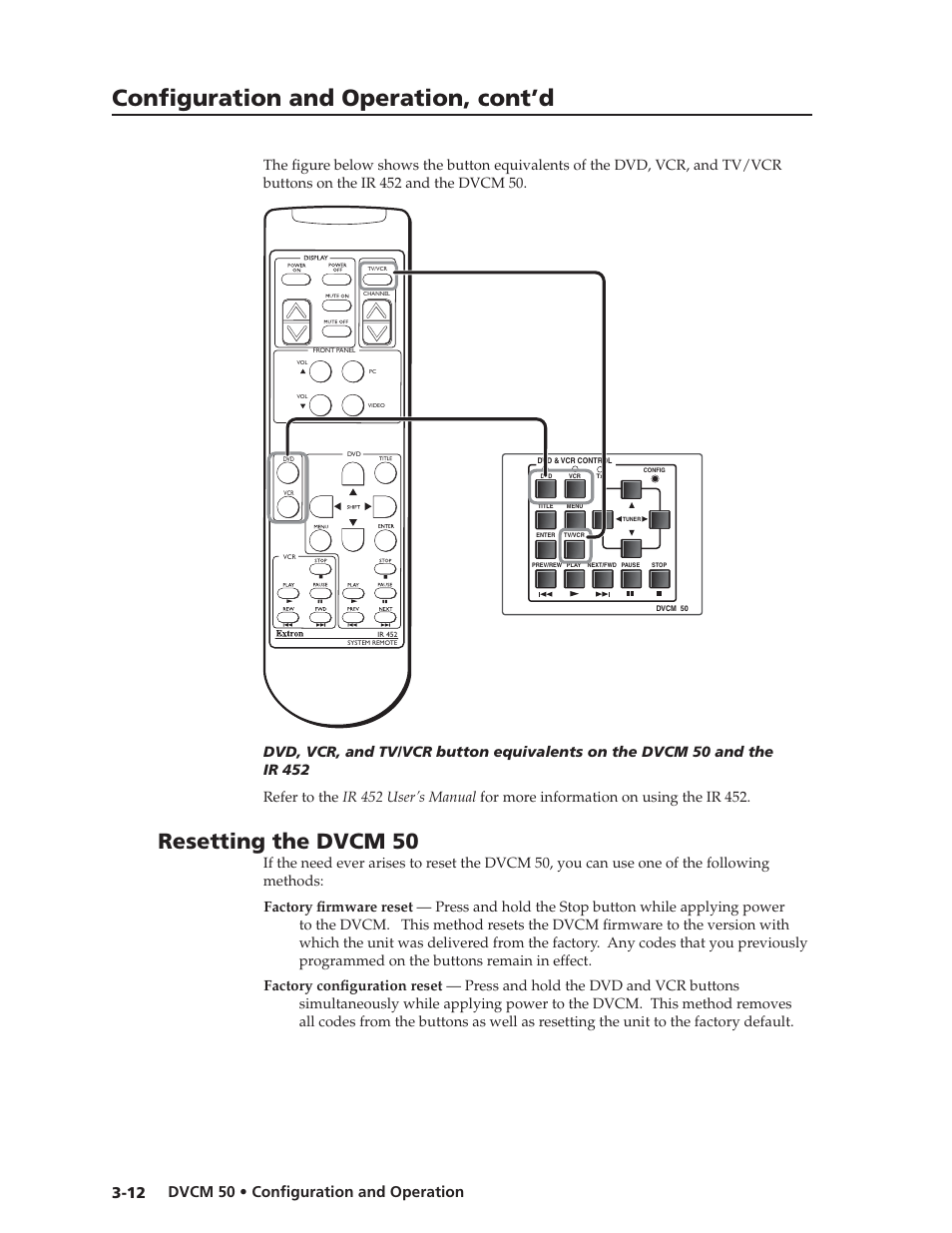 Preliminar y, Confi guration and operation, cont’d, Resetting the dvcm 50 | Extron Electronics DVCM 50 User’s Manual User Manual | Page 28 / 70