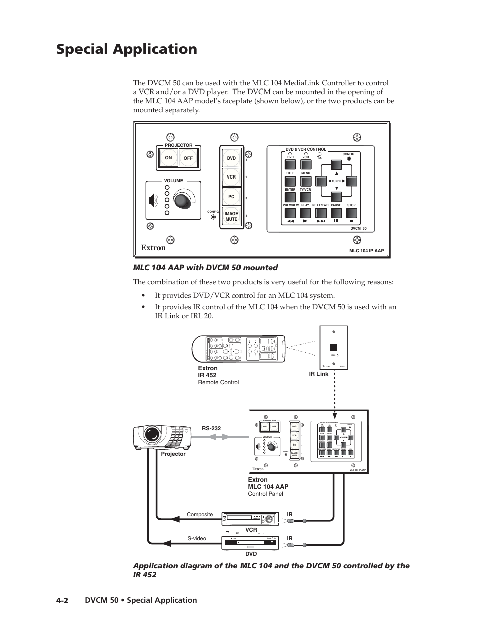 Preliminar y, Special application, Extron | Dvcm 50 • special application 4-2, Extron mlc 104 aap, Extron ir 452, Vcr ir, Ir link projector, Control panel rs-232, Remote control | Extron Electronics DVCM 50 User’s Manual User Manual | Page 32 / 70
