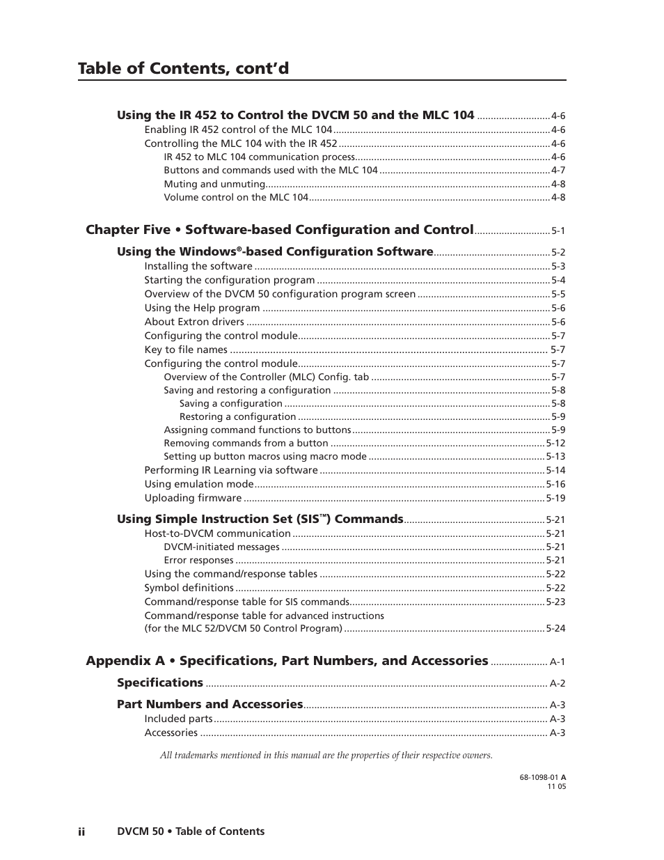 Preliminar y, Table of contents, cont’d | Extron Electronics DVCM 50 User’s Manual User Manual | Page 4 / 70