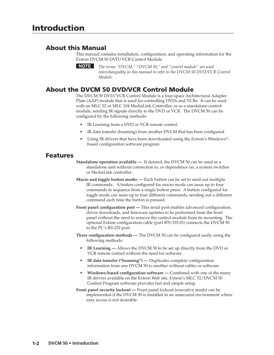 Preliminar y, Introduction, About this manual | About the dvcm 50 dvd/vcr control module, Features | Extron Electronics DVCM 50 User’s Manual User Manual | Page 6 / 70