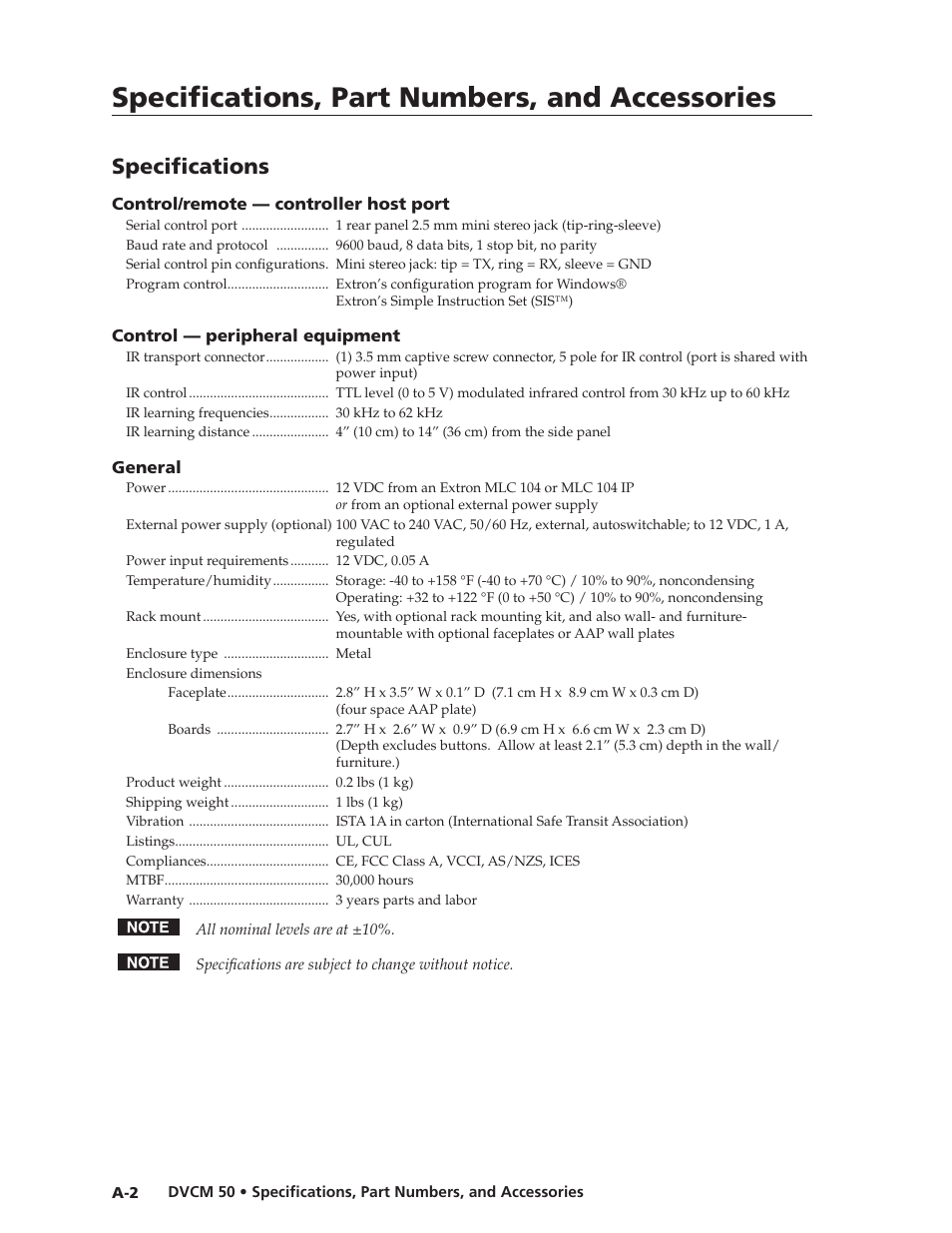 Preliminar y, Specifi cations, part numbers, and accessories, Specifi cations | Extron Electronics DVCM 50 User’s Manual User Manual | Page 66 / 70