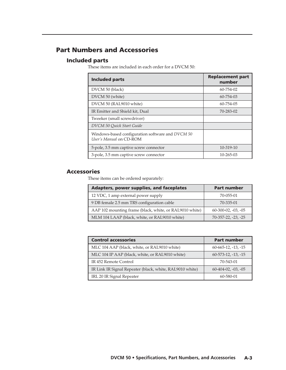 Preliminar y, Part numbers and accessories | Extron Electronics DVCM 50 User’s Manual User Manual | Page 67 / 70