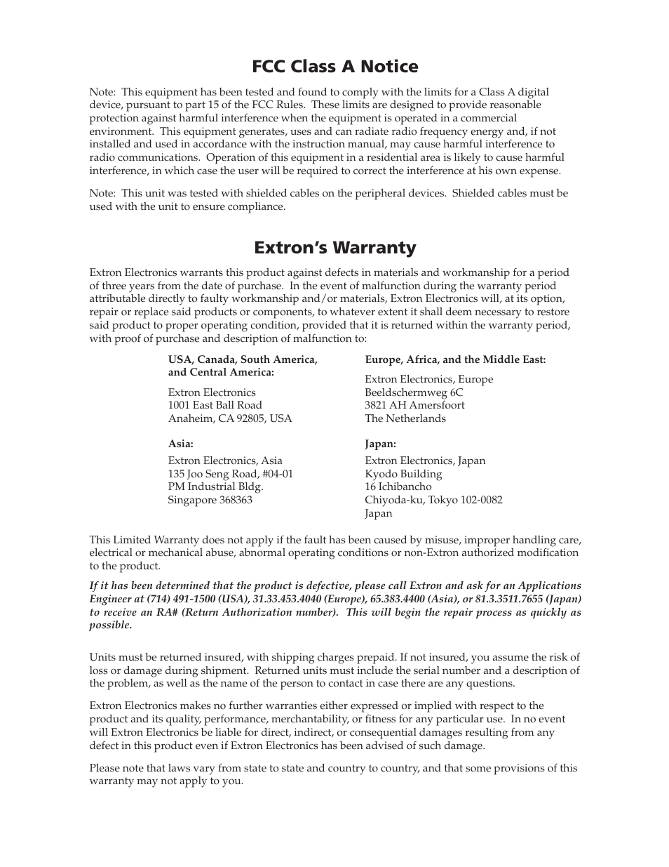 Fcc class a notice, Extron’s warranty | Extron Electronics DVCM 50 User’s Manual User Manual | Page 69 / 70