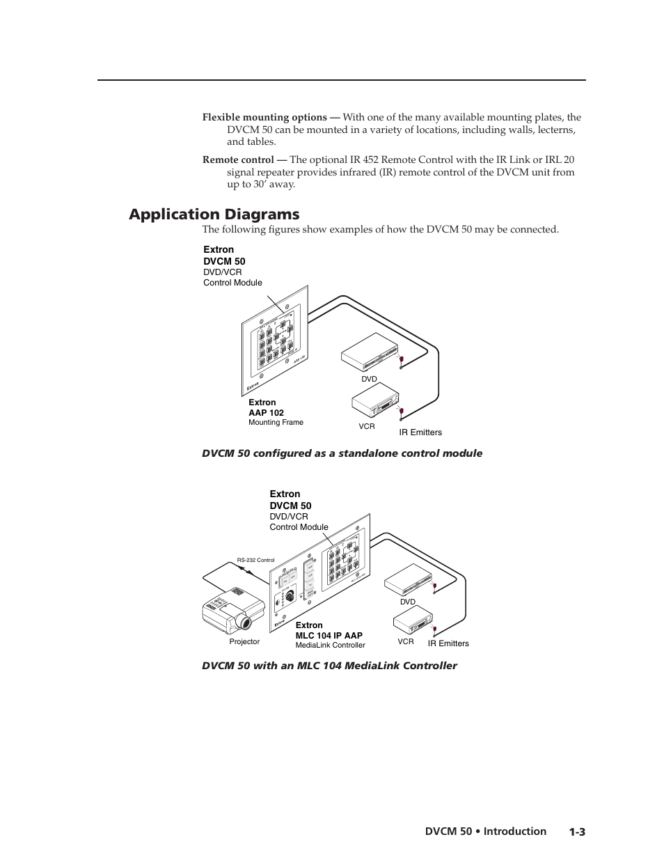 Preliminar y, Application diagrams, 3 dvcm 50 • introduction | Extron dvcm 50, Dvcm 50 confi gured as a standalone control module, Co nf ig, Extron aap 102, Dvd/vcr control module ir emitters, Extron mlc 104 ip aap, Dvd/vcr control module | Extron Electronics DVCM 50 User’s Manual User Manual | Page 7 / 70