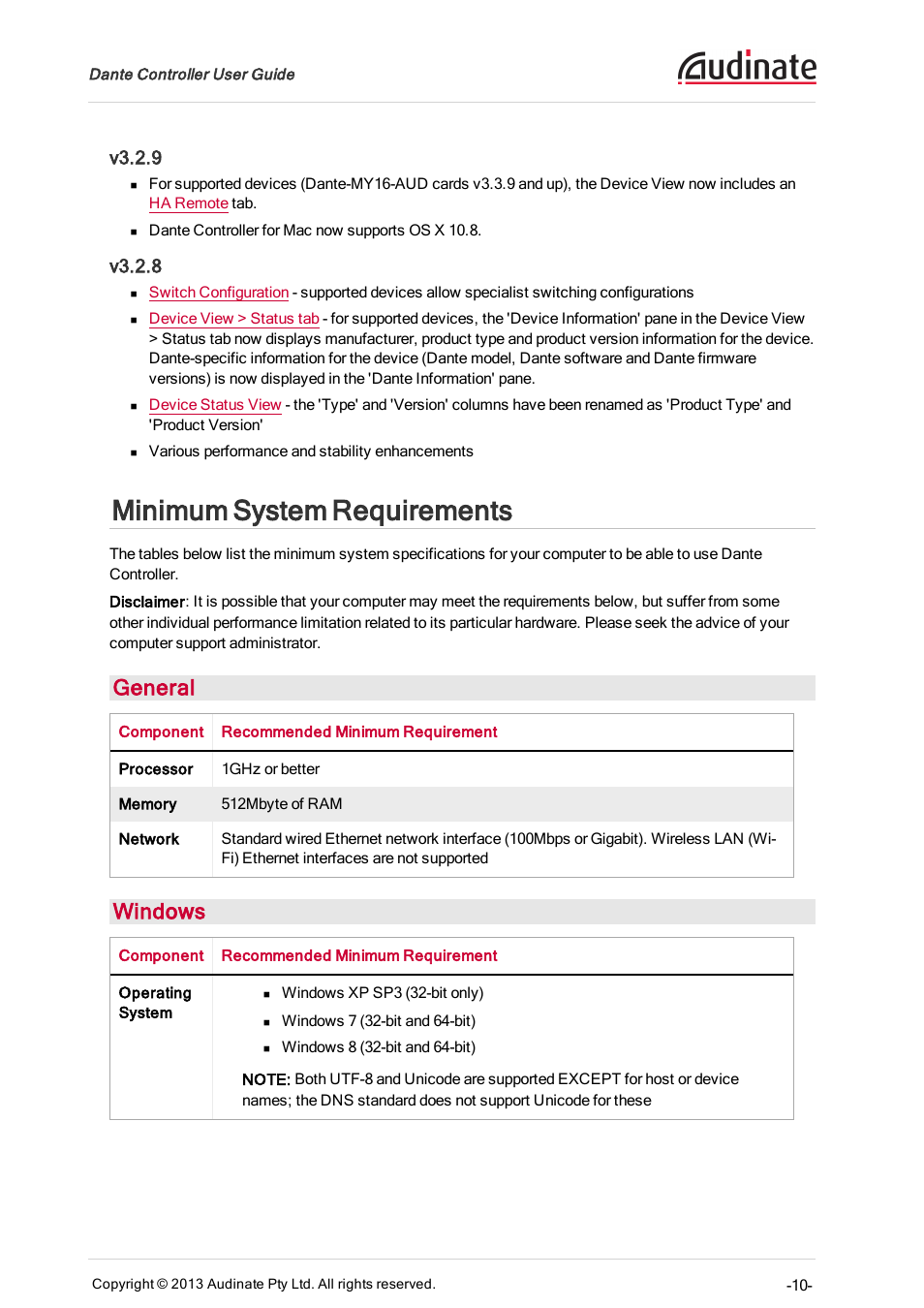 V3.2.9, V3.2.8, Minimum system requirements | General, Windows | Extron Electronics Dante Controller User Manual | Page 10 / 55