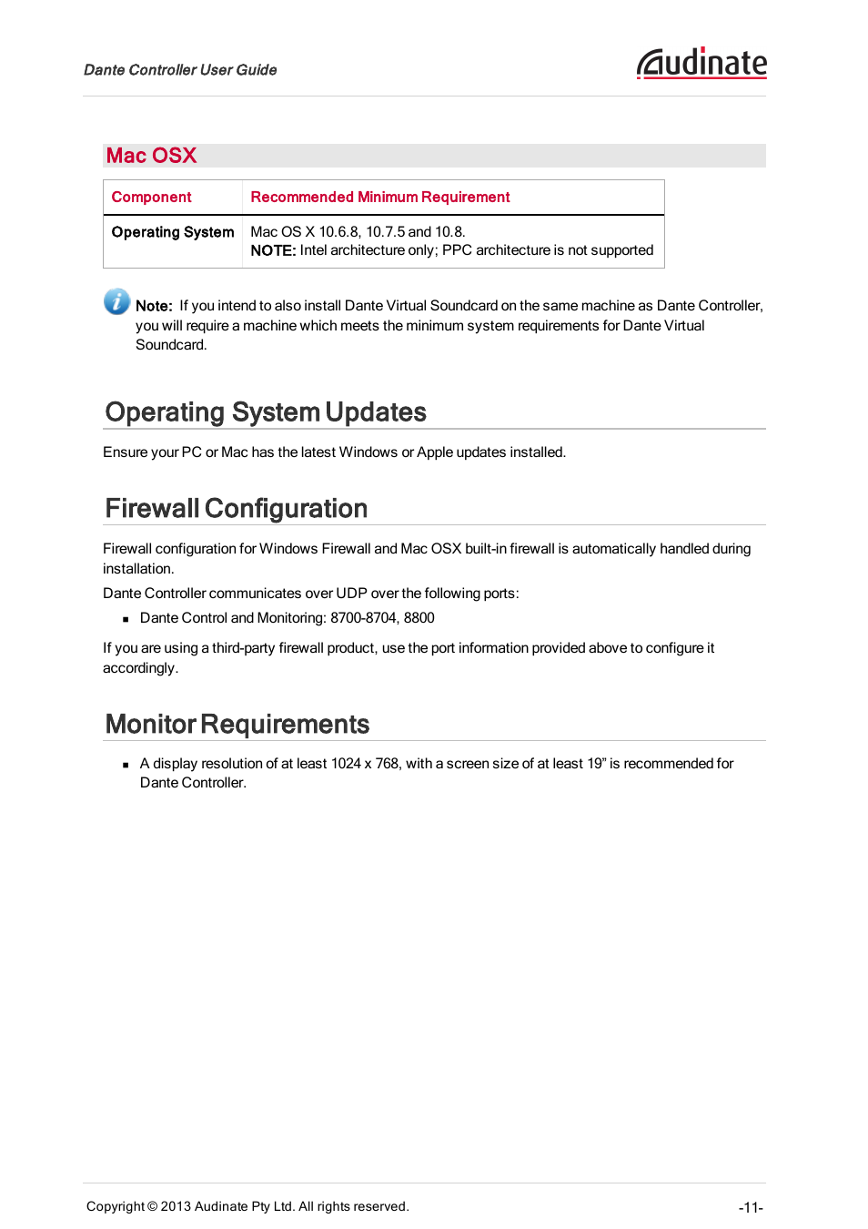 Mac osx, Operating system updates, Firewall configuration | Monitor requirements | Extron Electronics Dante Controller User Manual | Page 11 / 55