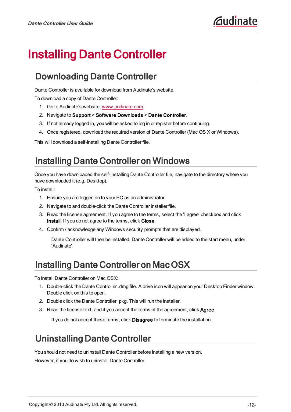 Installing dante controller, Downloading dante controller, Installing dante controller on windows | Installing dante controller on mac osx, Uninstalling dante controller | Extron Electronics Dante Controller User Manual | Page 12 / 55