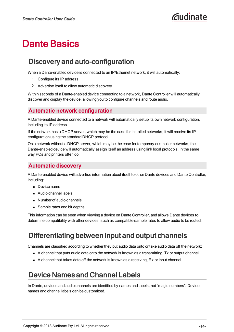 Dante basics, Discovery and auto-configuration, Automatic network configuration | Automatic discovery, Differentiating between input and output channels, Device names and channel labels | Extron Electronics Dante Controller User Manual | Page 14 / 55