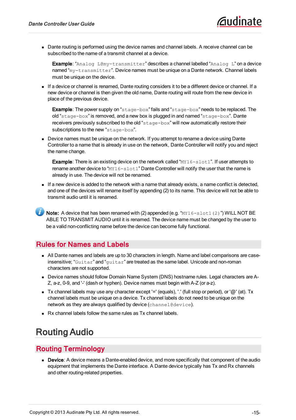 Rules for names and labels, Routing audio, Routing terminology | Extron Electronics Dante Controller User Manual | Page 15 / 55