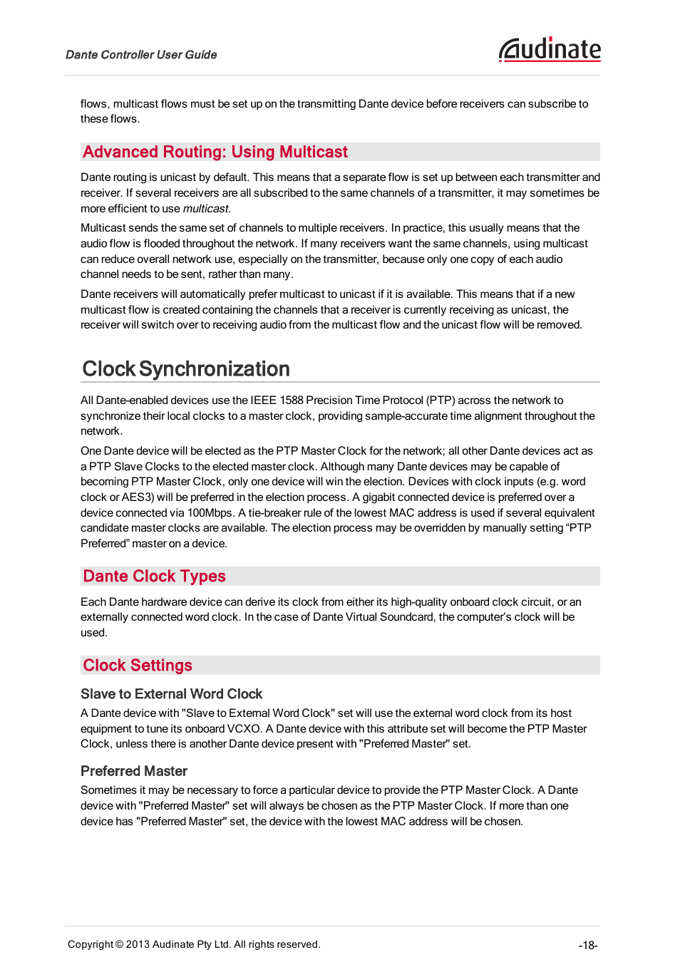 Advanced routing: using multicast, Clock synchronization, Dante clock types | Clock settings, Slave to external word clock, Preferred master, Clock health monitoring | Extron Electronics Dante Controller User Manual | Page 18 / 55