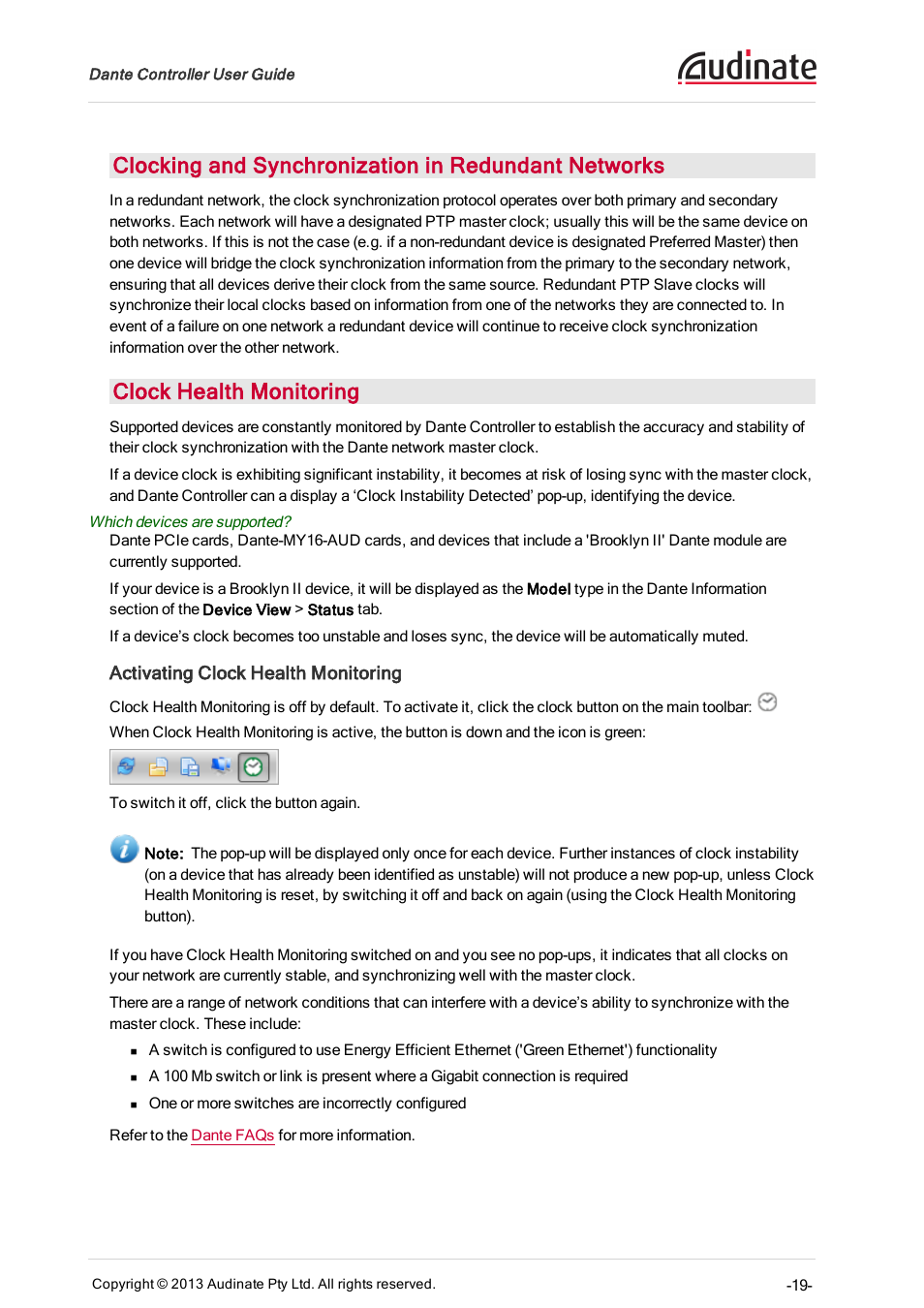 Clocking and synchronization in redundant networks, Clock health monitoring, Activating clock health monitoring | Extron Electronics Dante Controller User Manual | Page 19 / 55