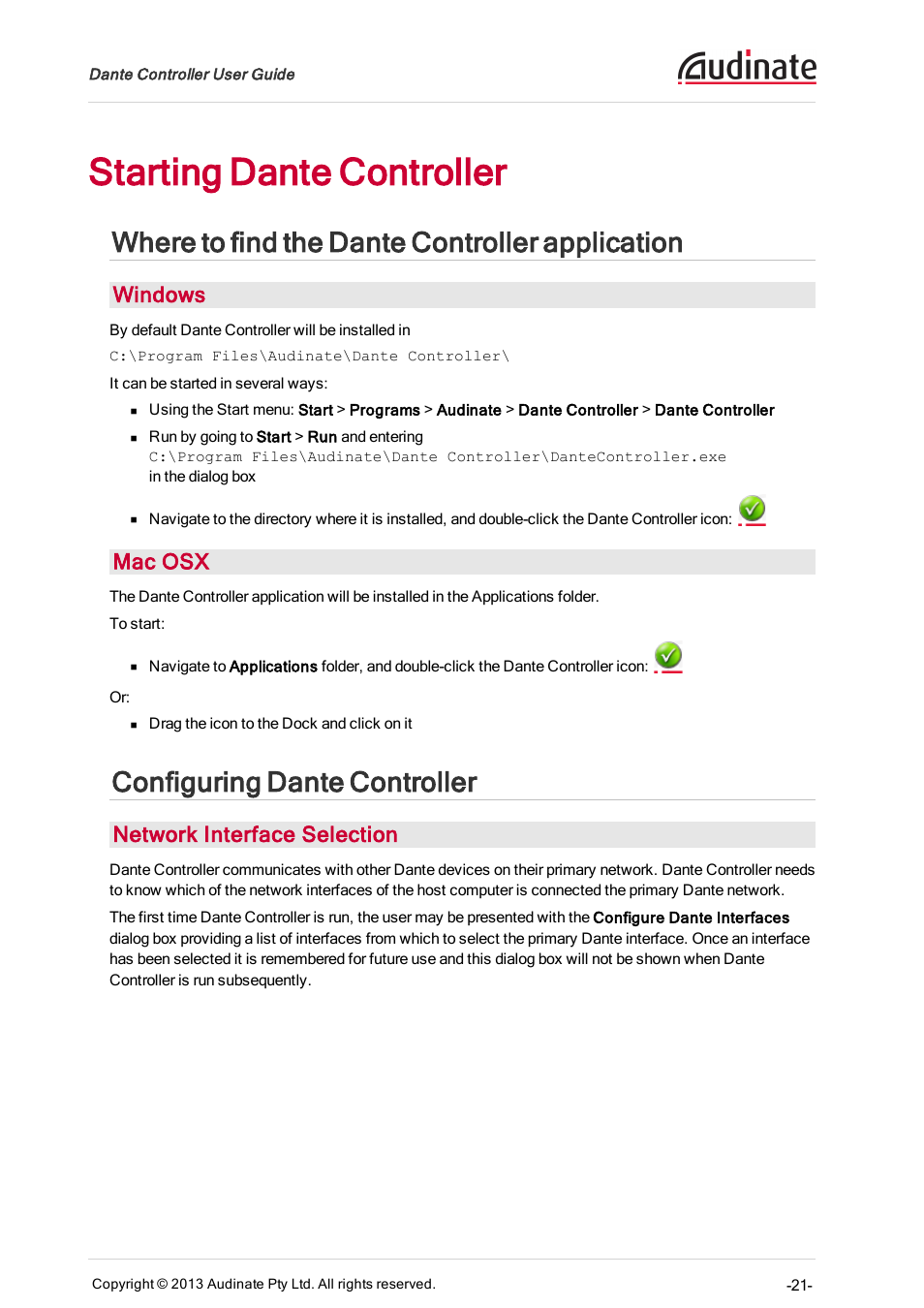 Starting dante controller, Where to find the dante controller application, Windows | Mac osx, Configuring dante controller, Network interface selection | Extron Electronics Dante Controller User Manual | Page 21 / 55