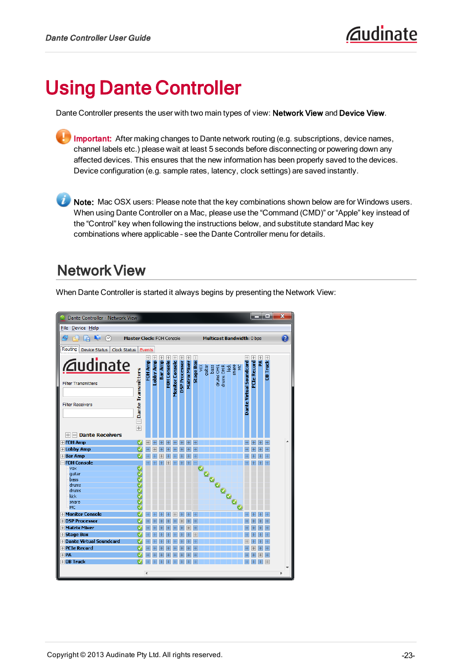 Using dante controller, Network view | Extron Electronics Dante Controller User Manual | Page 23 / 55