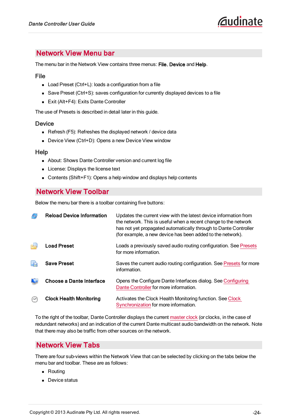 Network view menu bar, File, Device | Help, Network view toolbar, Network view tabs | Extron Electronics Dante Controller User Manual | Page 24 / 55