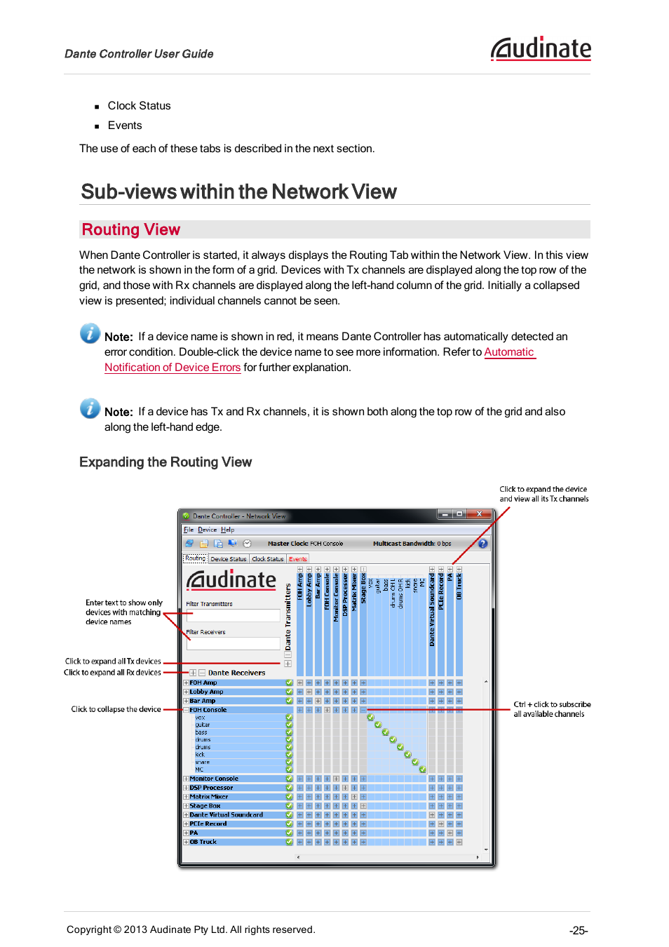 Sub-views within the network view, Routing view, Expanding the routing view | Extron Electronics Dante Controller User Manual | Page 25 / 55