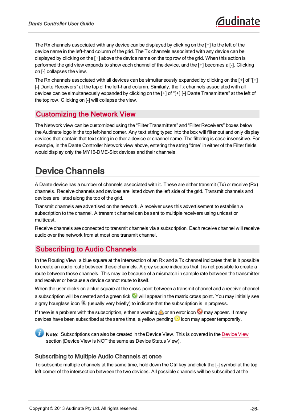 Customizing the network view, Device channels, Subscribing to audio channels | Subscribing to multiple audio channels at once, Subscription in progress icons | Extron Electronics Dante Controller User Manual | Page 26 / 55