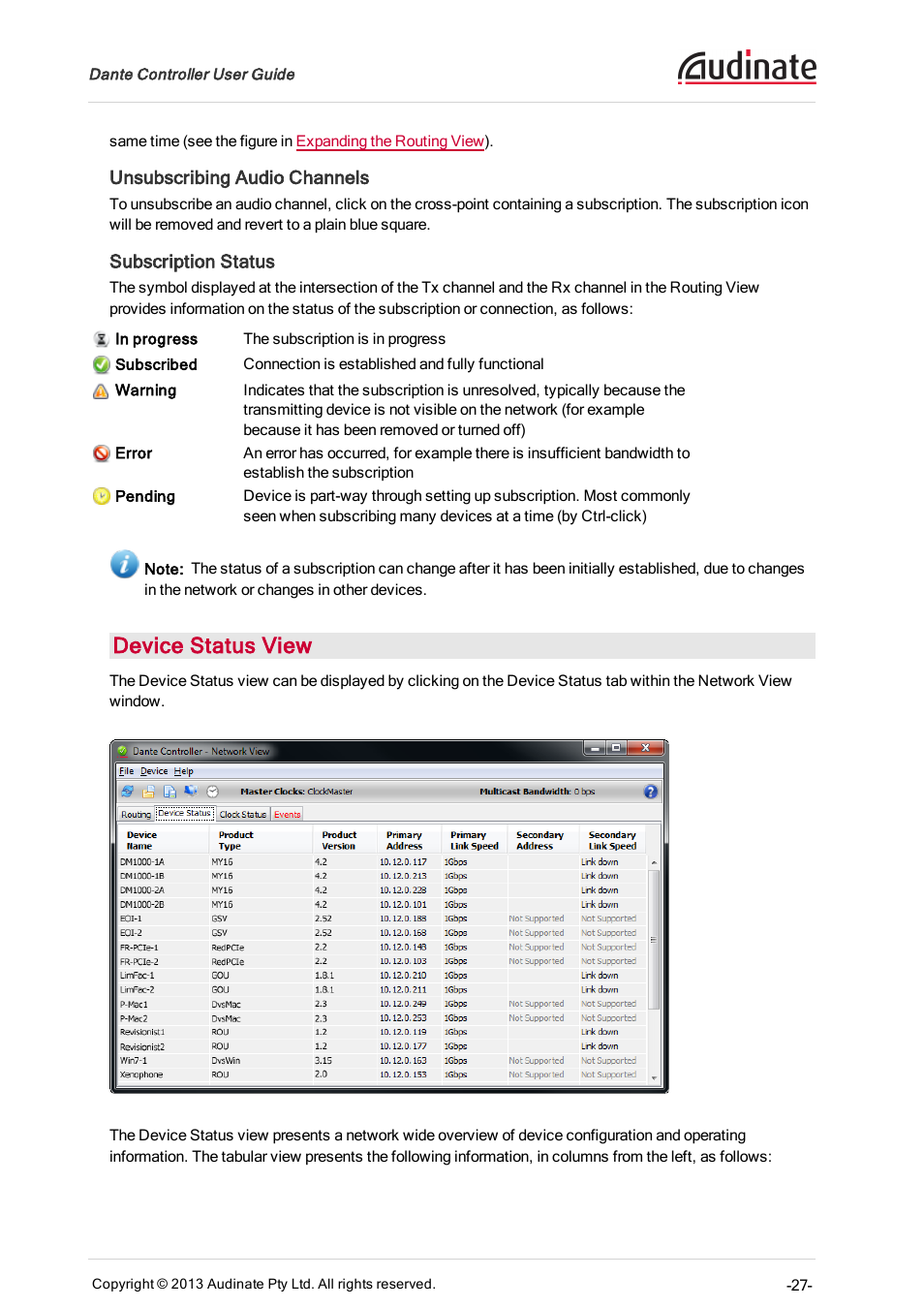 Unsubscribing audio channels, Subscription status, Device status view | Extron Electronics Dante Controller User Manual | Page 27 / 55