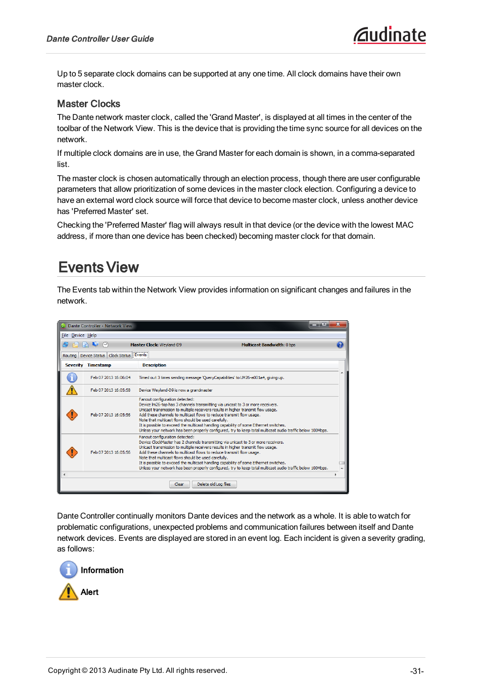 Master clocks, Events view, Event log icons | Extron Electronics Dante Controller User Manual | Page 31 / 55